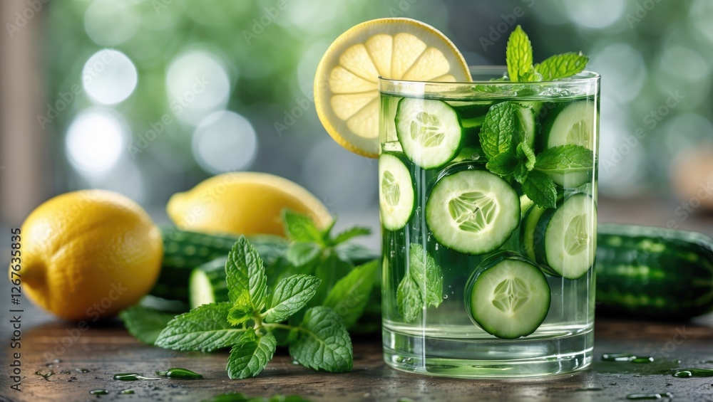 Poster refreshing cucumber lemon mint infused water in glass surrounded by lemons and cucumbers on wooden t