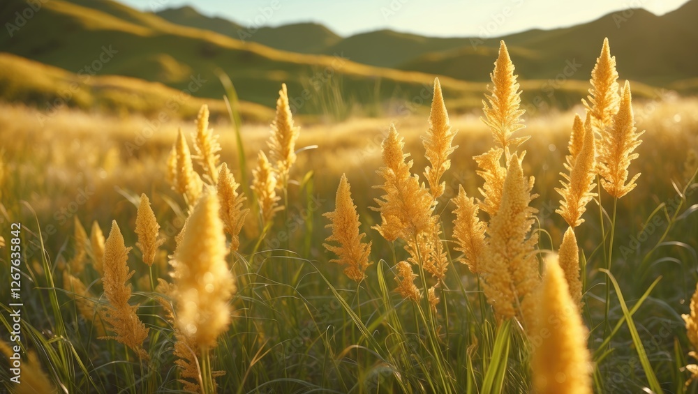 Poster golden grass flowers against a scenic landscape with soft light and ample copy space for text and de