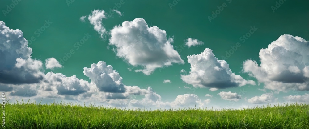 Aufkleber Lush green grass landscape under a bright sky filled with fluffy clouds creating a serene and tranquil natural background.