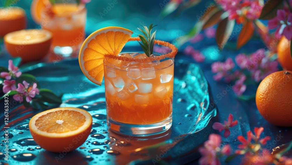 Poster refreshing orange cocktail garnished with slices and edible flowers on colorful background with copy