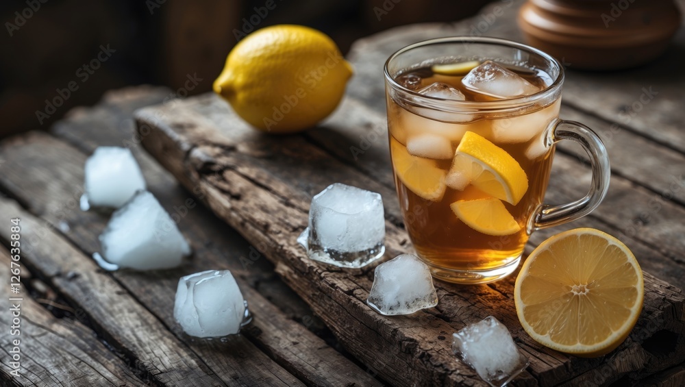 Poster Refreshing iced tea with lemon slices on rustic wooden table next to fresh lemon and ice cubes in warm light setting.