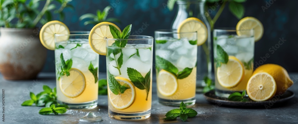 Poster Refreshing lemonade drinks garnished with mint and lemon slices on a table with a vibrant background and space for text or branding.