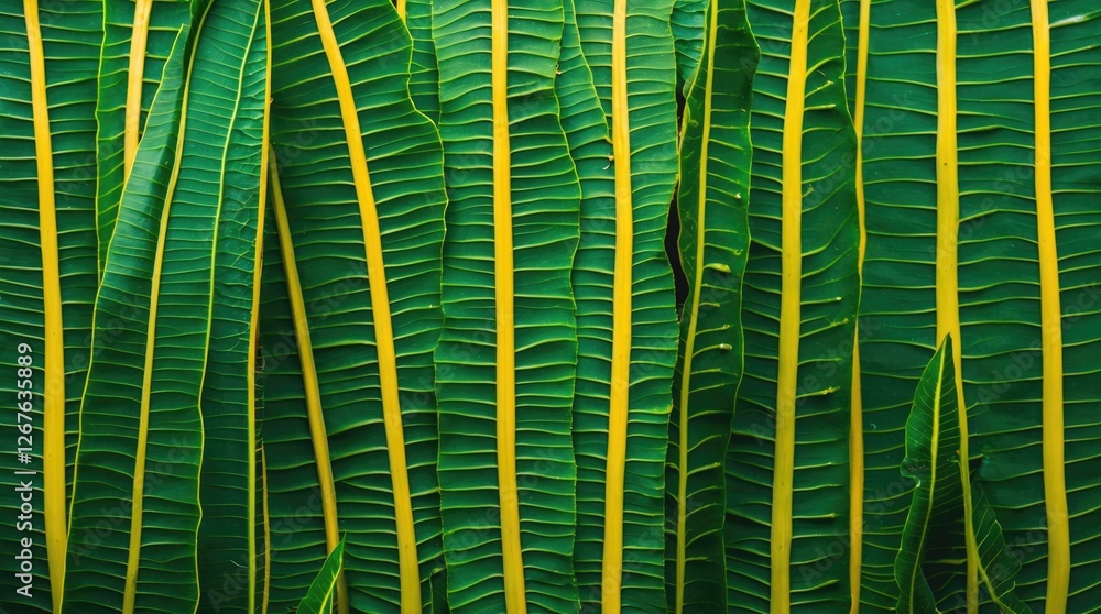 Poster vibrant green papaya leaves with striking yellow vein texture creating a natural pattern ideal for b