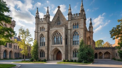 Obraz premium Gothic revival architecture showcasing intricate details and towering spires in a serene outdoor setting against a blue sky.