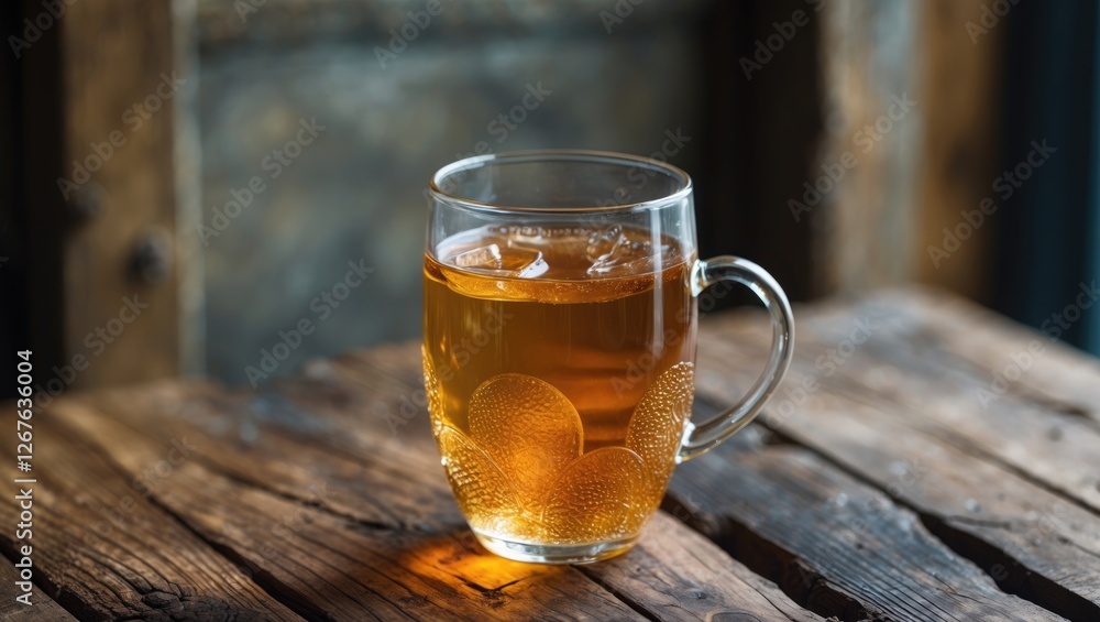 Poster refreshing glass of iced tea with ice cubes on rustic wooden table background