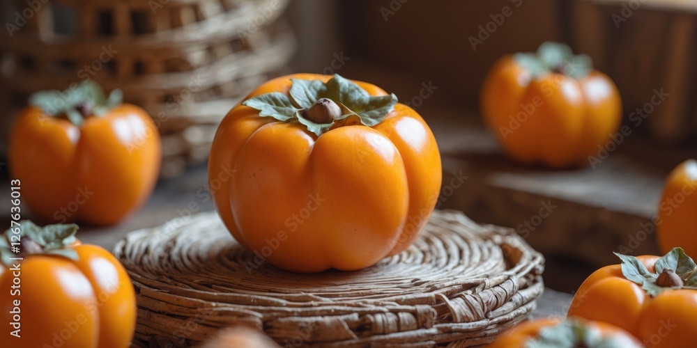 Poster persimmons on a wooden platter with empty space for text in a rustic setting showcasing fresh diospy