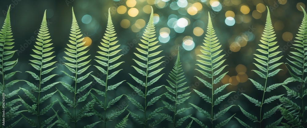 Poster lush fern leaf pattern with a vibrant bokeh background creating a serene atmosphere and ample space 