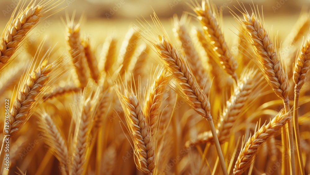 Poster golden wheat field close up rich harvest concept featuring ears of wheat against a soft background w