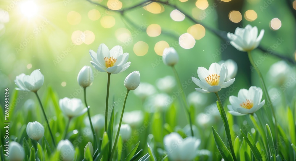 Poster Spring flowers blooming in a serene light-filled garden with gentle bokeh and greenery creating a tranquil and refreshing atmosphere.