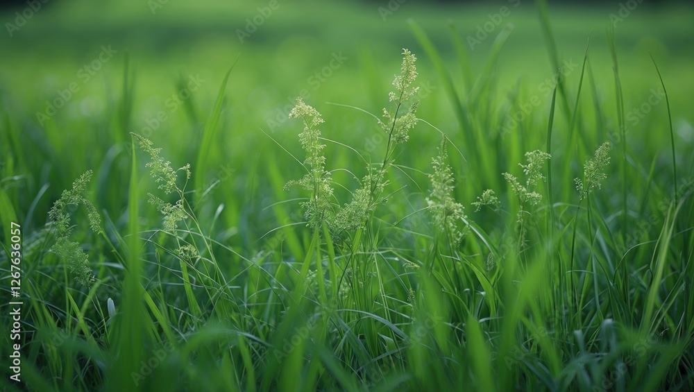 Poster lush green grass field with blades and blossoms creating a serene natural background for freshness a