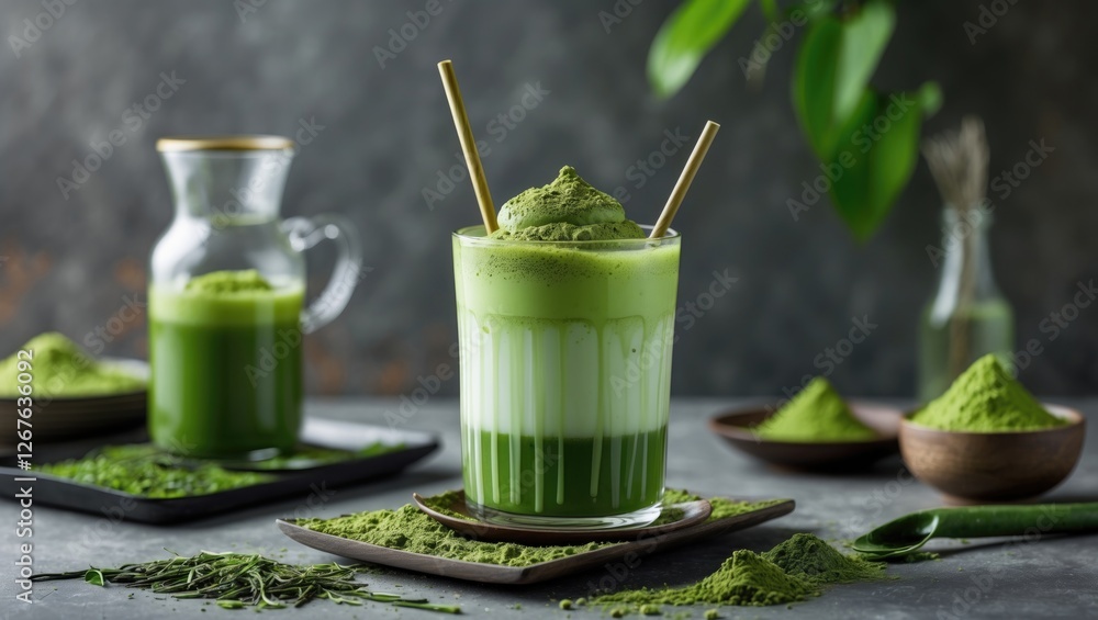 Poster Refreshing Matcha Float Beverage with Creamy Layers and Green Tea Powder on Dark Background Empty Space for Beverage Branding
