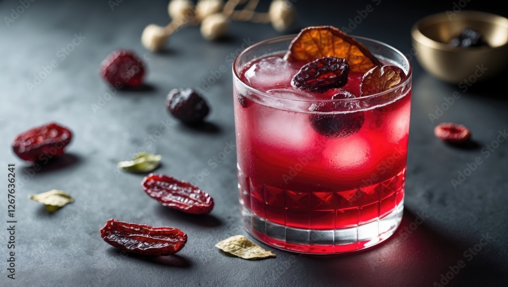 Poster Vibrant Red Cocktail Garnished with Dried Fruits on Dark Background with Space for Custom Text or Branding in Elegant Bar Setting