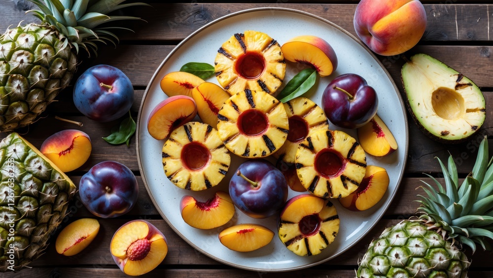 Poster grilled pineapple peaches plums and avocado on plate with fresh fruits and leaves displayed on rusti