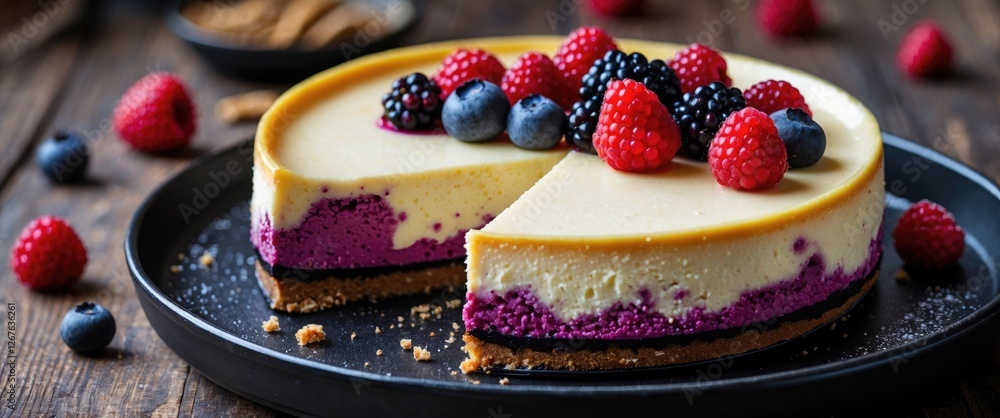 Poster delicious cheesecake topped with fresh berries on a black plate with empty space for customizable te