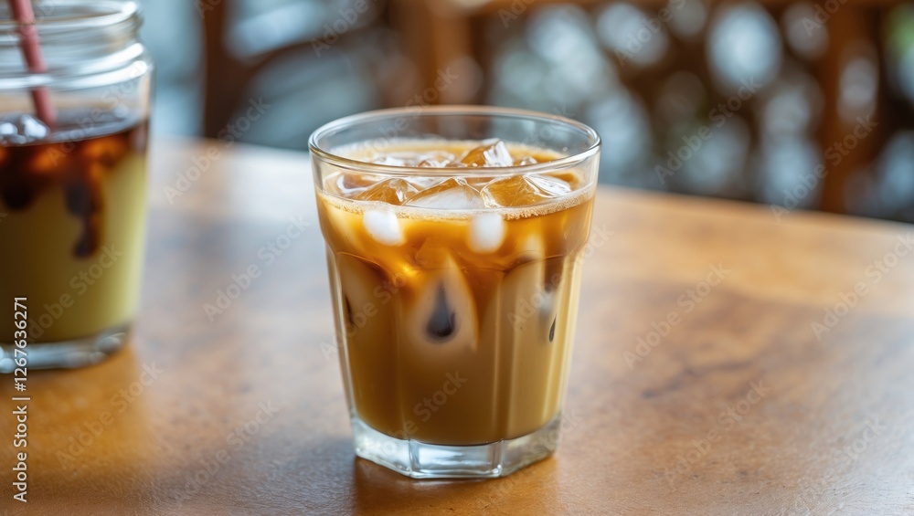 Poster iced hojicha latte with ice cubes in a clear glass on wooden table background