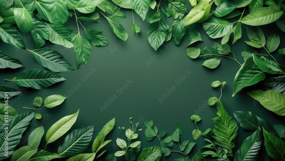 Poster Lush green leaves forming a nature-inspired background with ample copy space for creative design and natural themes.