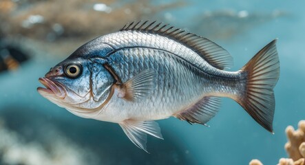 Porgy Fish Swimming in Clear Water with Empty Space for Text Overlay Ideal for Marine Life Publications