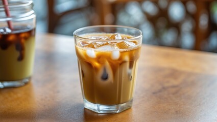 Iced Hojicha Latte with Ice Cubes in a Clear Glass on Wooden Table Background