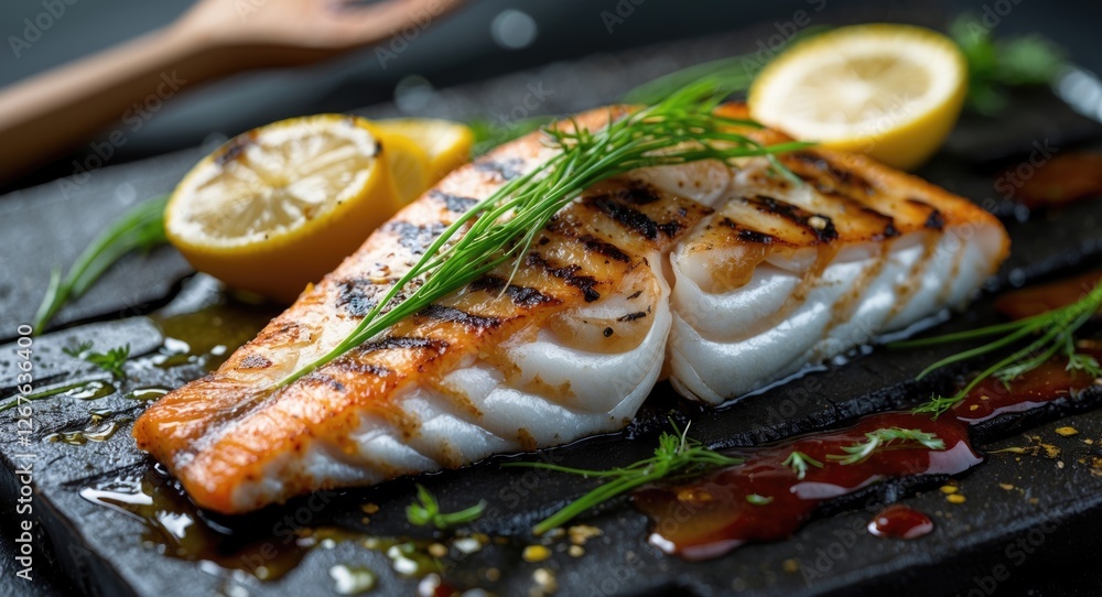 Poster grilled salmon fillet with lemon garnish on a slate serving board in a gourmet presentation