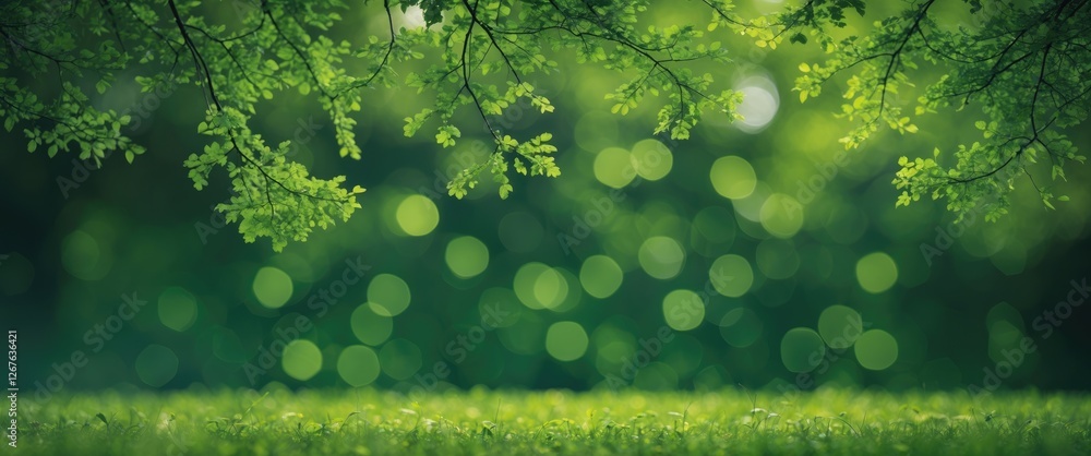 Poster Lush Green Bokeh Background with Leaves and Blank Space for Text or Graphics Ideal for Nature-Themed Designs and Advertisements