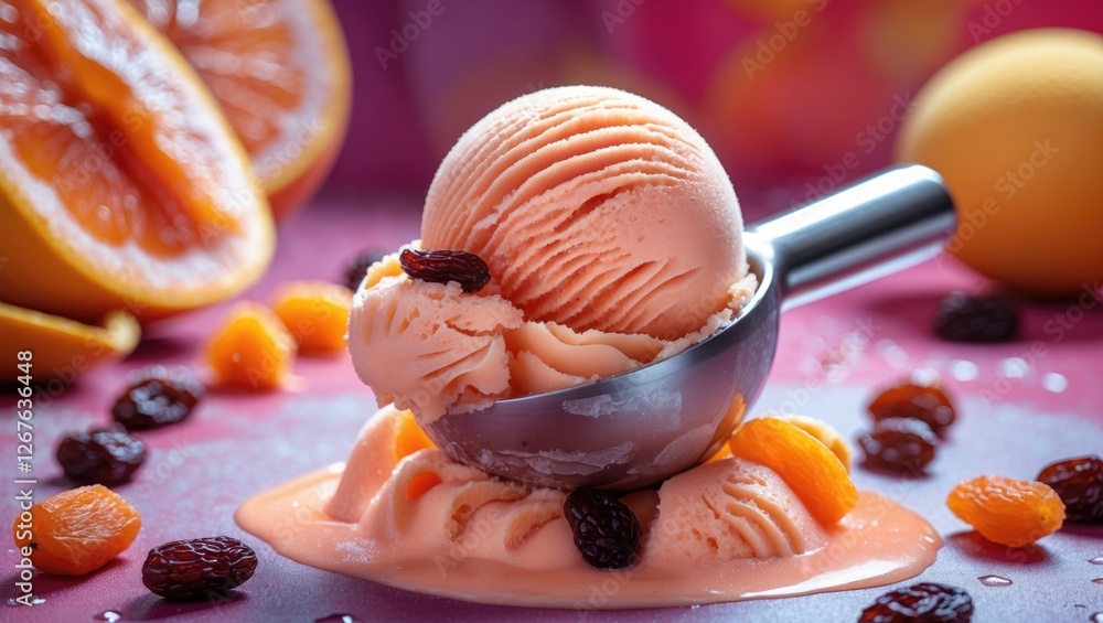 Poster delicious scoop of grapefruit ice cream topped with raisins and apricot pieces, set against a vibran