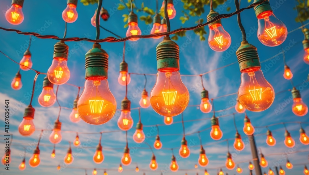 Poster string of illuminated light bulbs against a vibrant summer sky creating a warm and inviting atmosphe