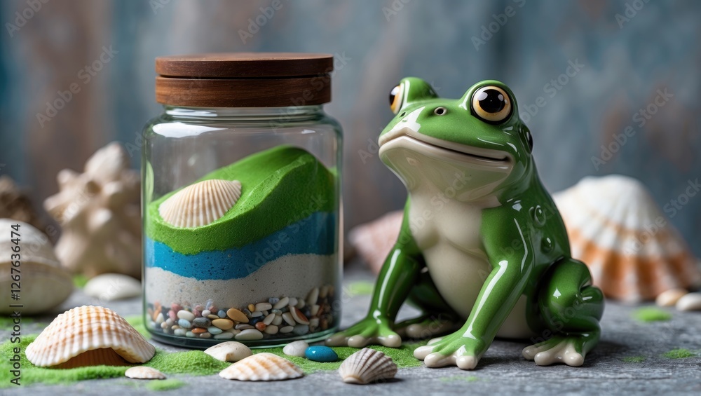 Poster ceramic frog and memorial jar with colorful sand and seashells on a textured background for coastal 