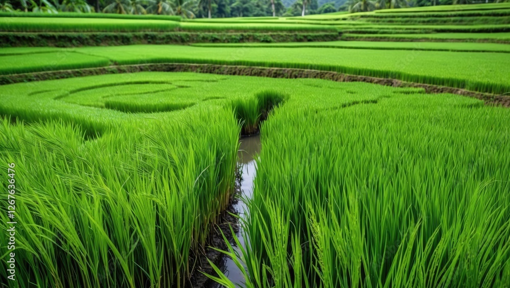 Poster lush green rice fields in landscape with stream and copy space for text in an agricultural setting