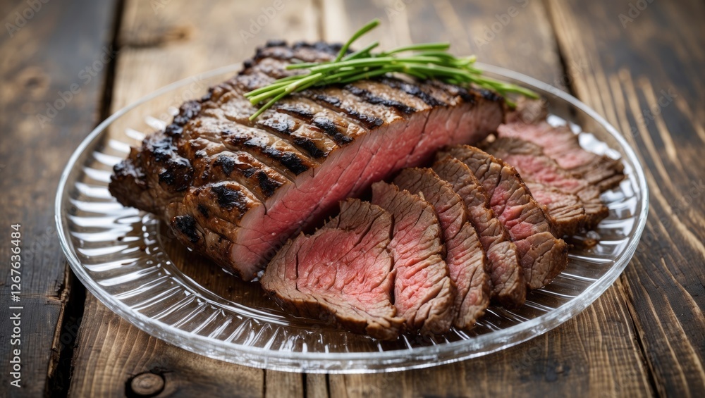 Poster sliced grilled beef on a transparent plate garnished with herbs, set on a rustic wooden surface with