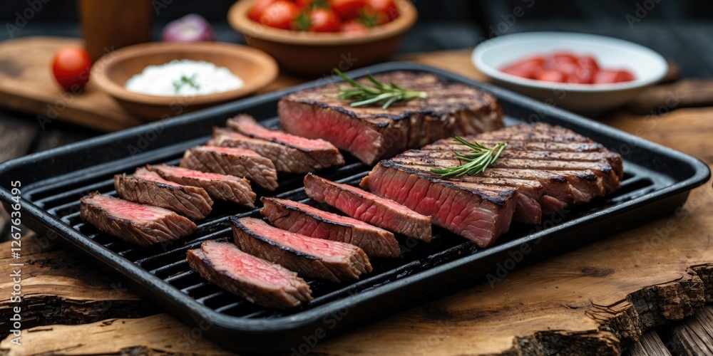 Poster grilled beef fillet strips served on a grill plate with fresh ingredients and copy space for text in