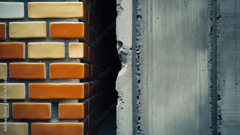 Aufkleber Ceramic block wall fragment beside a concrete wall showcasing a vertical seam for use as a textured background or architectural element