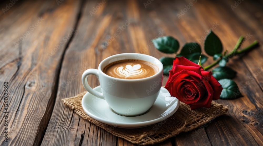 Aufkleber serene morning scene with a cup of coffee and a vibrant red rose on a rustic wooden table, evoking w