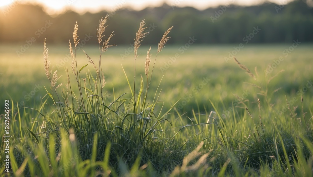 Poster morning sunlight illuminating wild grass in a lush grassland creating a serene natural background id