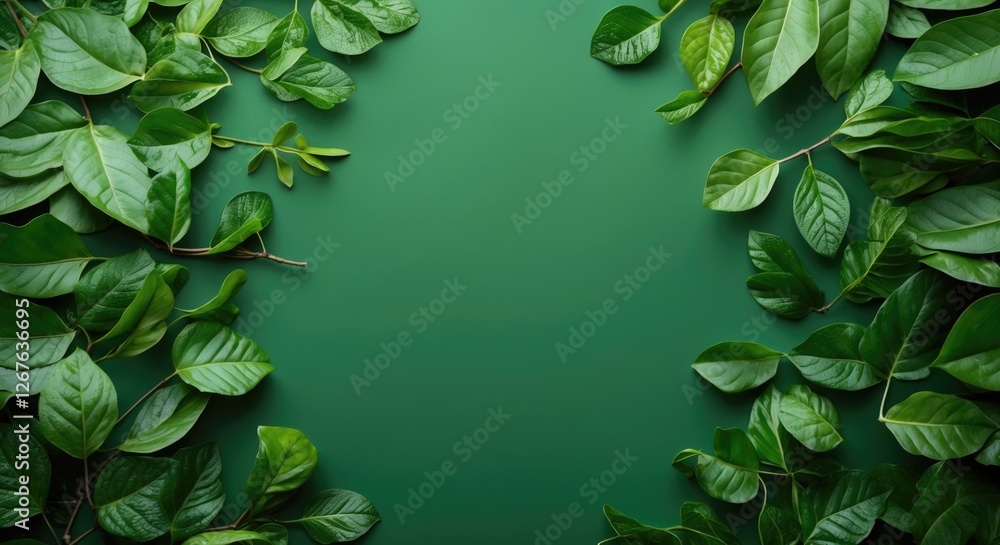 Poster lush green leaves framing a solid green background creating a serene nature-inspired visual perfect 