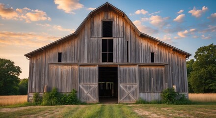 Obraz premium Rustic wooden barn exterior in a scenic Illinois landscape with golden hour lighting and beautiful cloud patterns.