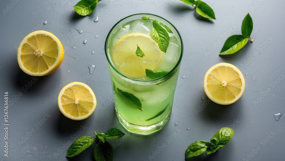 Poster refreshing green citrus lemonade with lemon slices and mint on gray background for summer drink prom