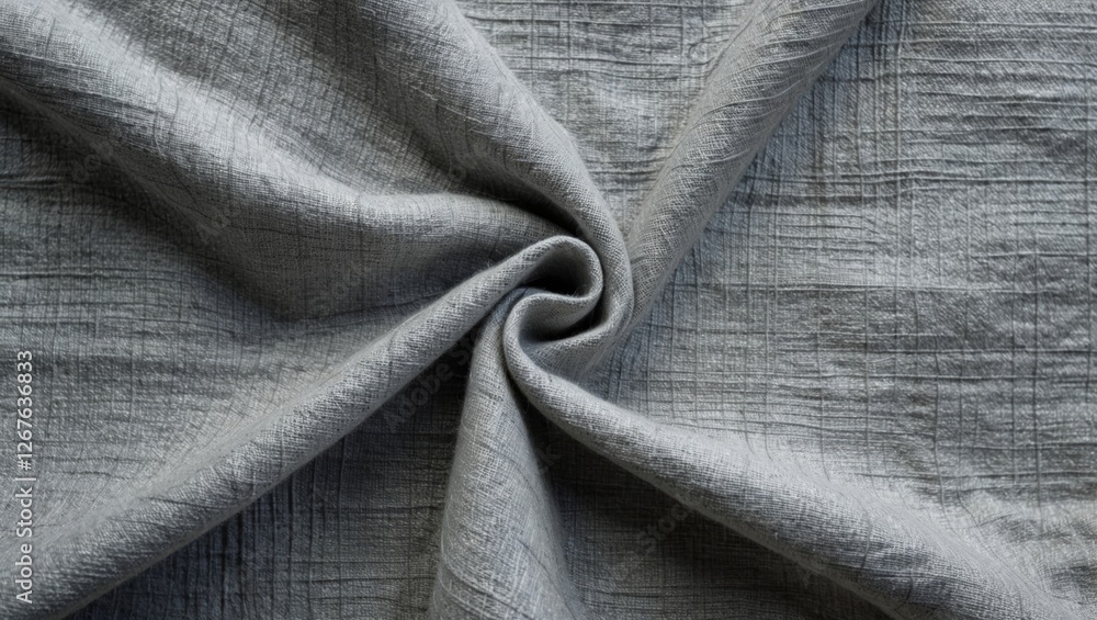Poster close-up of natural gray linen fabric texture displaying intricate patterns and folds in soft, muted