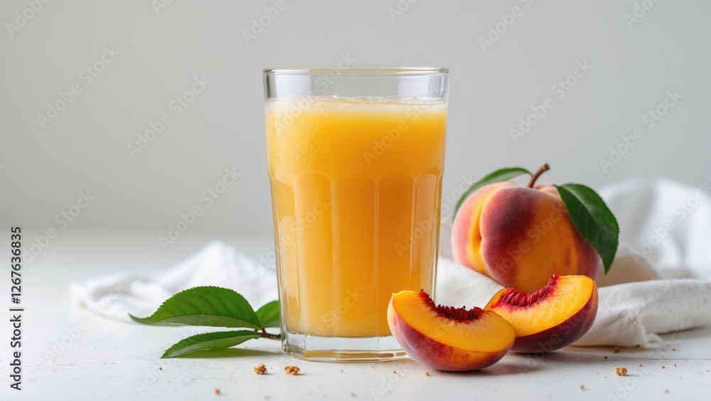 Poster freshly squeezed peach juice with sliced peaches and leaves on white background perfect for summer r