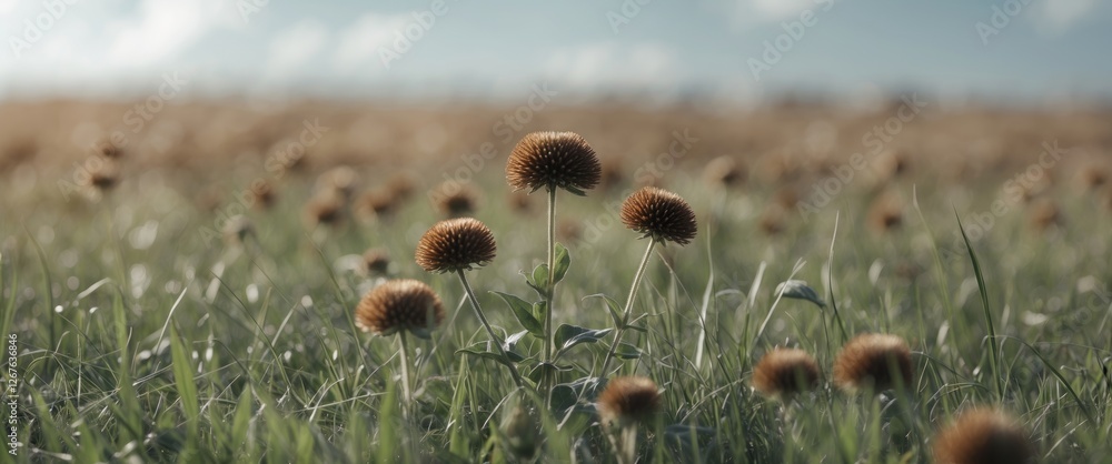 Poster golden brown flowering plants in a lush green field under a clear sky with ample space for text addi