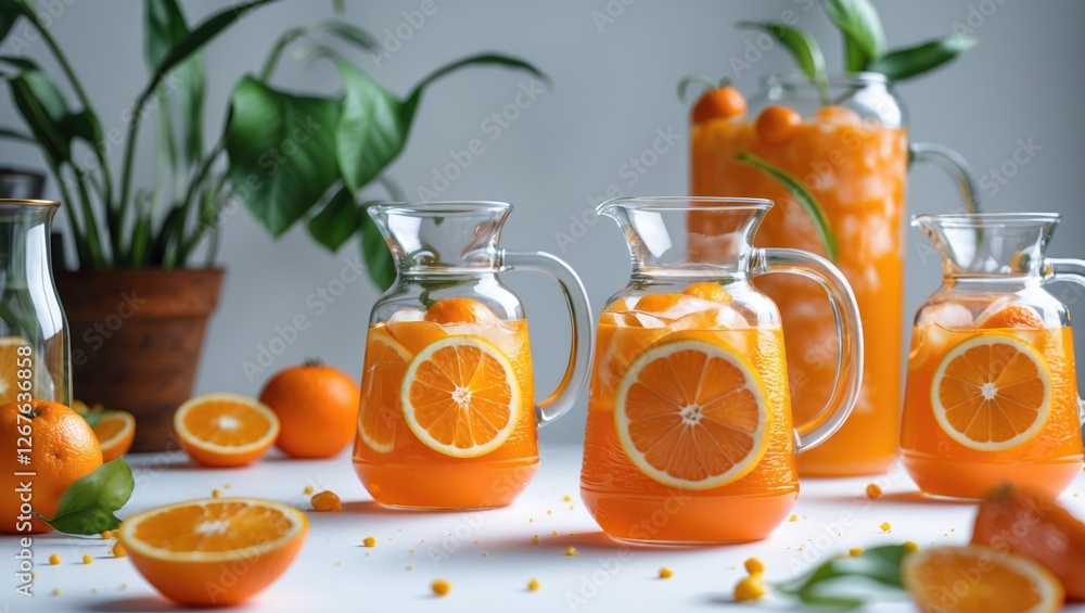 Poster refreshing orange drink in glass jugs surrounded by oranges with green plants on white background fe
