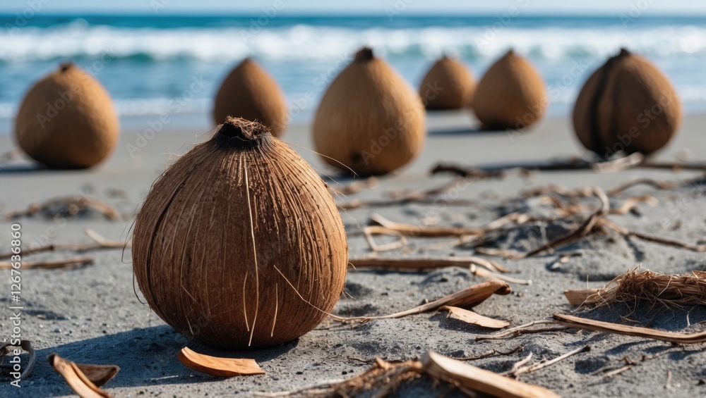Poster coconuts on a sandy beach with ocean waves in the background creating a serene tropical atmosphere a