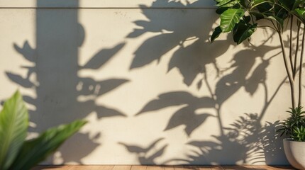 Soft shadows of tropical leaves cast on a cream wall create a minimalistic backdrop ideal for product presentations in spring and summer.