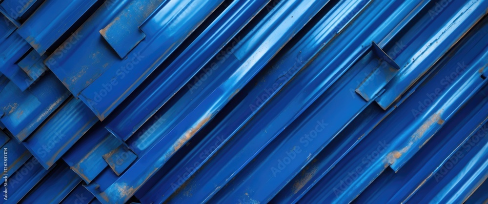 Poster blue metal surface with diagonal structure showcasing textured steel elements and serpentine pattern