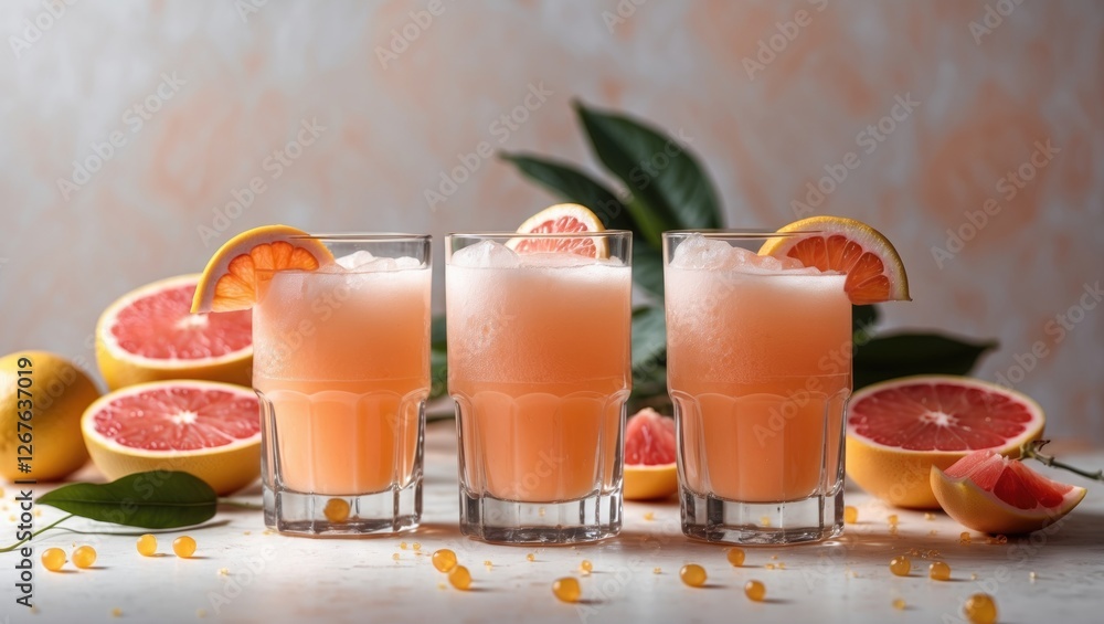 Poster refreshing grapefruit juice cocktails with citrus garnish on a bright background
