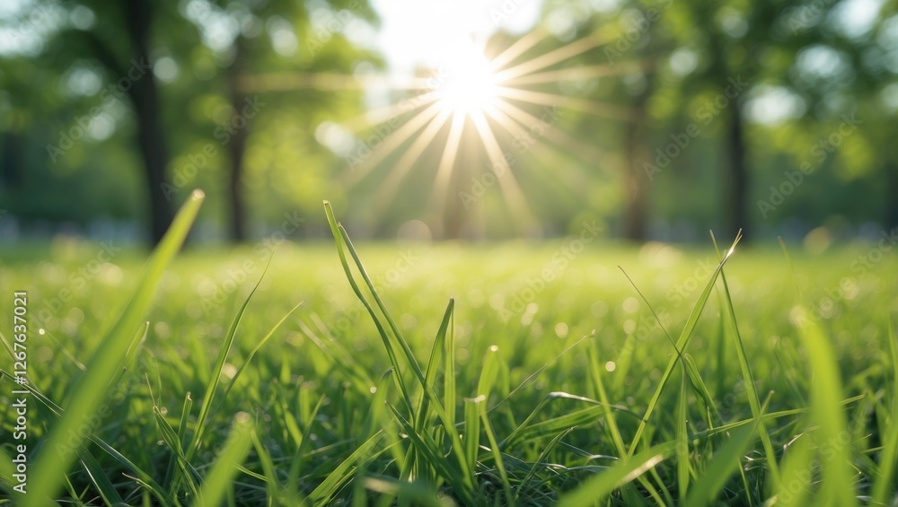 Aufkleber Sunlit Meadow with Blurred Green Grass Background and Radiant Sun Rays Creating a Serene Atmosphere for Text Overlay