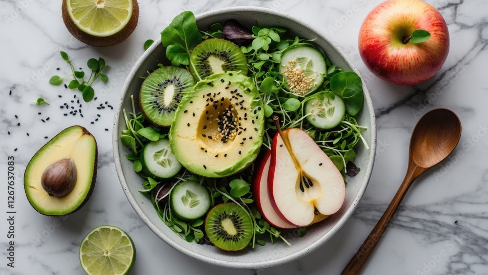 Poster fresh summer salad featuring avocado kiwi apple cucumber and micro greens in bowl on marble backgrou