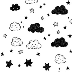 Obraz premium Cheerful clouds and stars whimsical pattern happy design