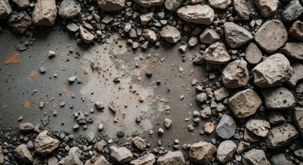Grunge cement floor with scattered small stones and debris creating a rough textured surface ideal for construction and industrial backgrounds.