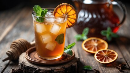 Refreshing Iced Tea Garnished with Dried Orange and Fresh Mint on Rustic Wooden Surface
