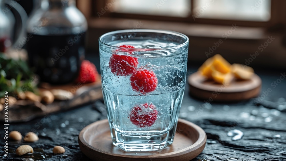 Poster refreshing sparkling water with raspberries in a glass and empty space for text in a cozy setting